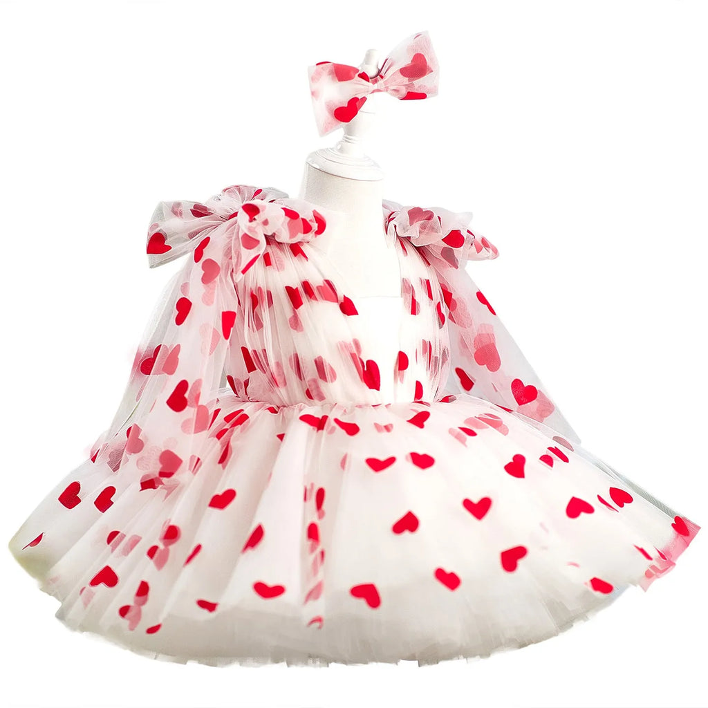 Children red love princess dress gown with heart print
