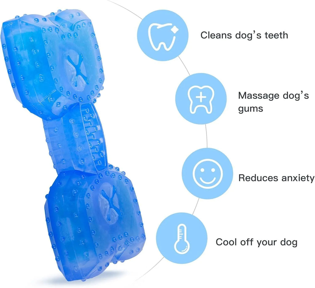 Freezable dog chew toy in bones shape with hollow centre for treats, shown next to a circles-shaped version.