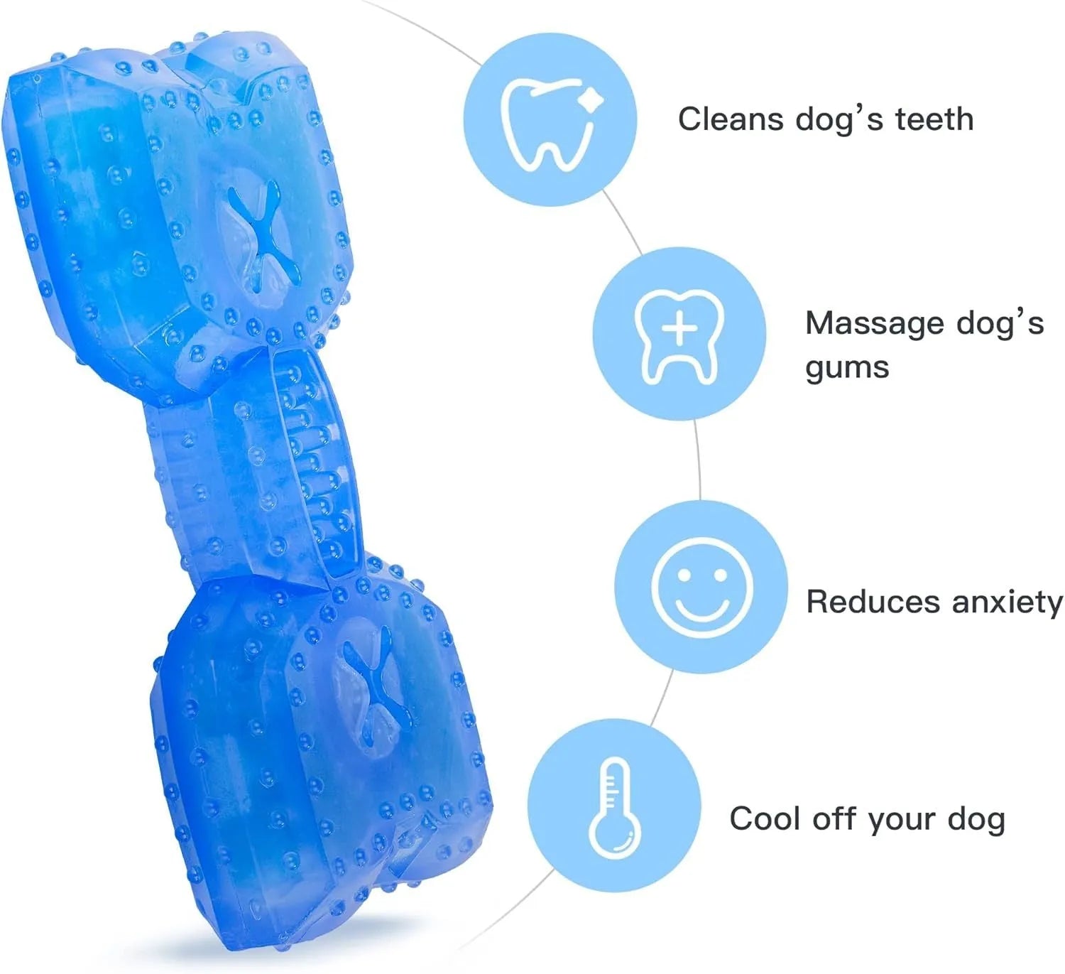 Freezable dog chew toy in bones shape with hollow centre for treats, shown next to a circles-shaped version.