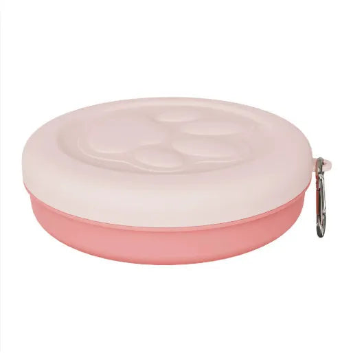 Collapsible silicone portable dog bowl shown folded and expanded in light green colour
