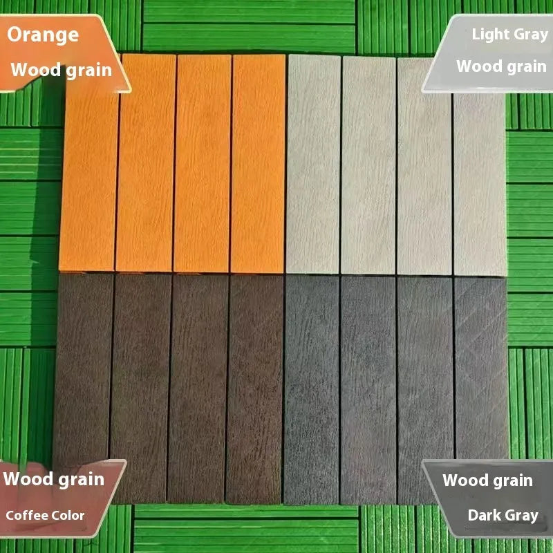 Pack of ten wood grain plastic interlocking floor tiles showing splicing edges.