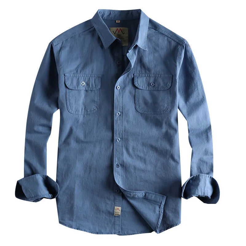 Men's solid colour cotton shirt with retro cardigan style and long sleeves