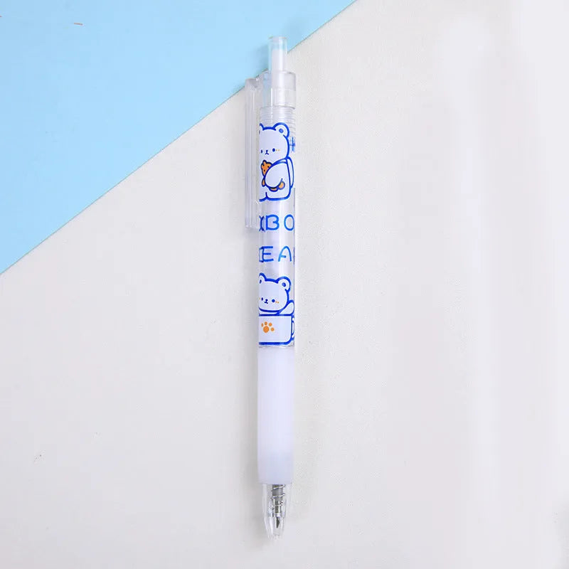 Set of six cute cream bear and rabbit character press pen knives on a white background.