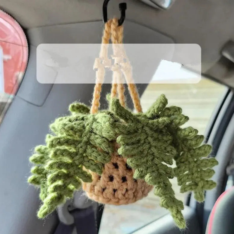 Green and white knitted car plant decoration with hanging rope on 8cm plastic base