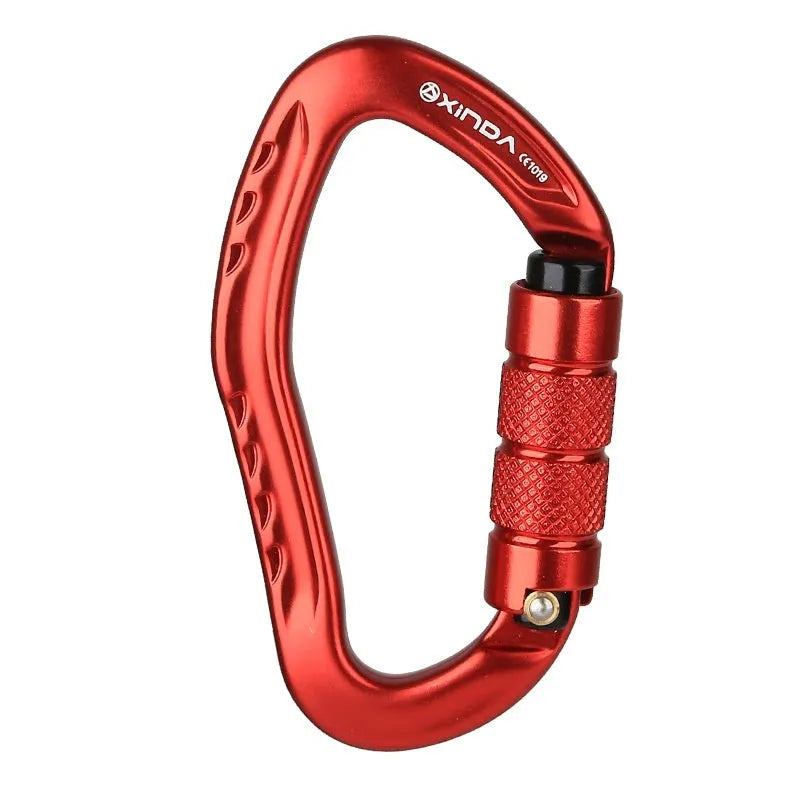 Automatic lock climbing carabiner in black, blue, orange, red, and silver colours for outdoor equipment