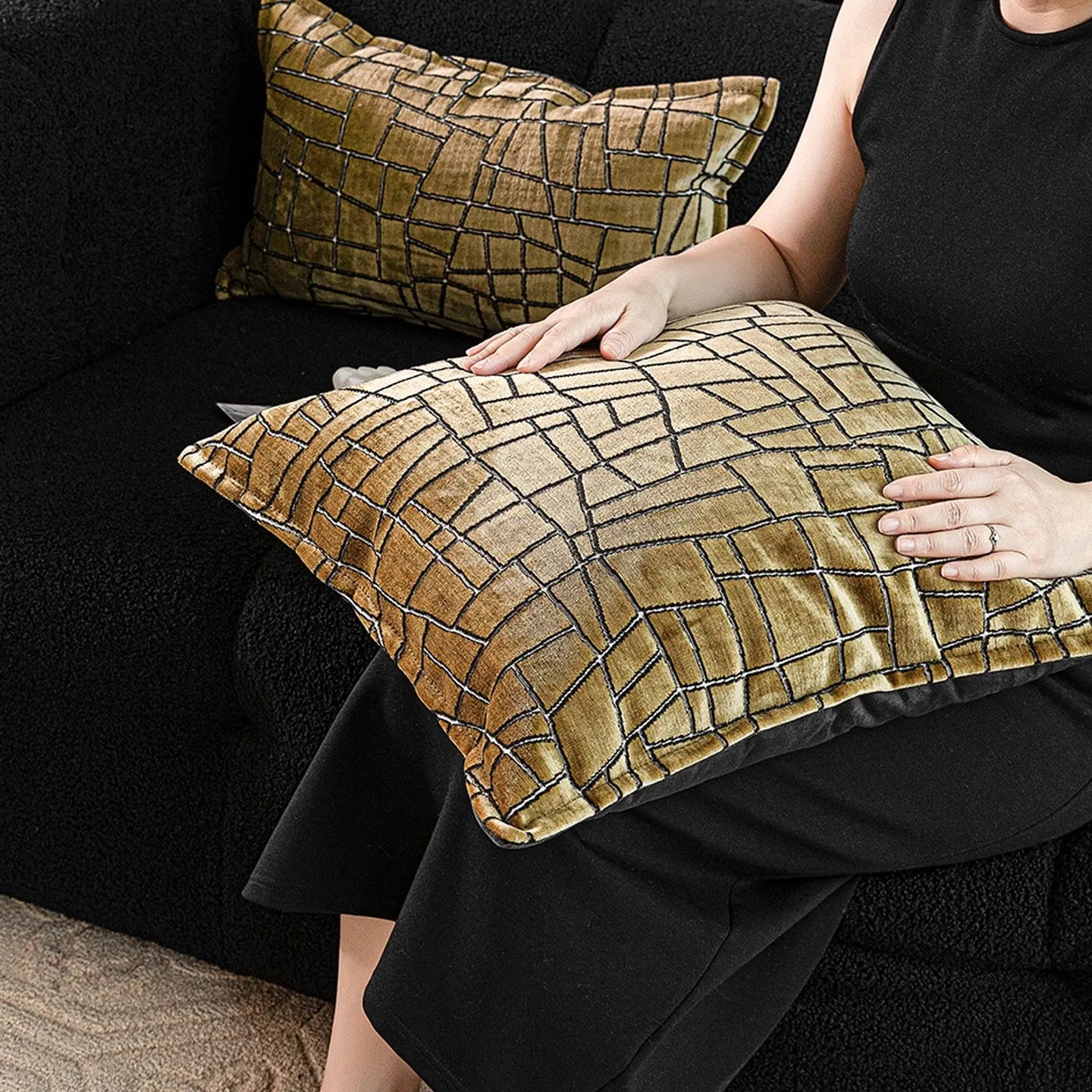 Geometric abstract cushion in Tuhao gold colour with polyester velvet texture, shown in three size options.