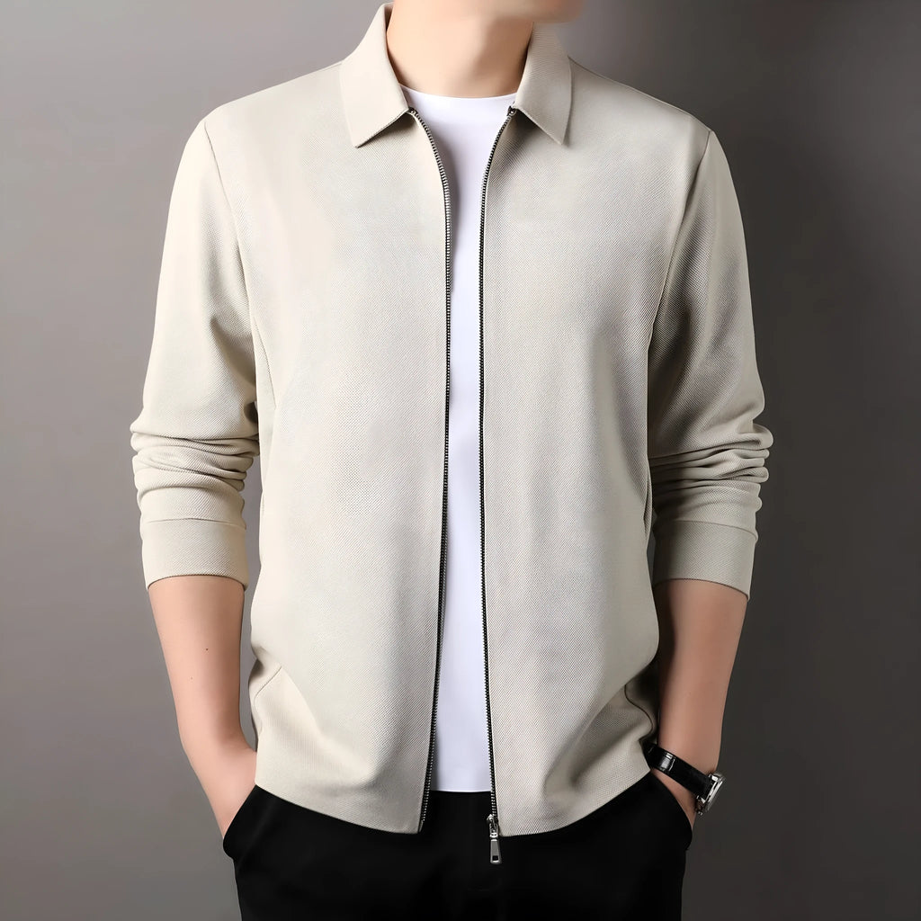 Men's polyester jacket in black, dark grey, or apricot with long sleeves and straight hem.