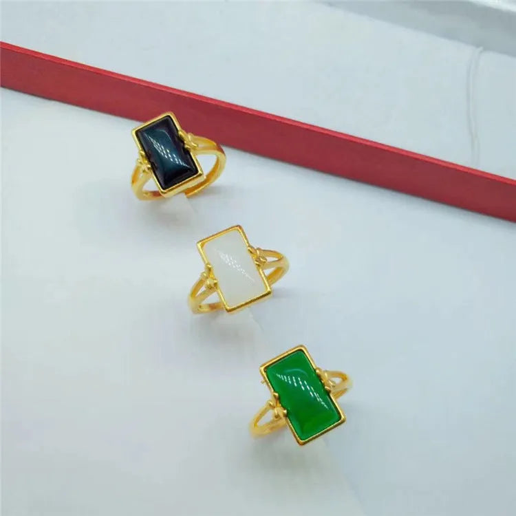 Adjustable brass gold-plated electroplated ring with artificial gemstone inlay in national style design