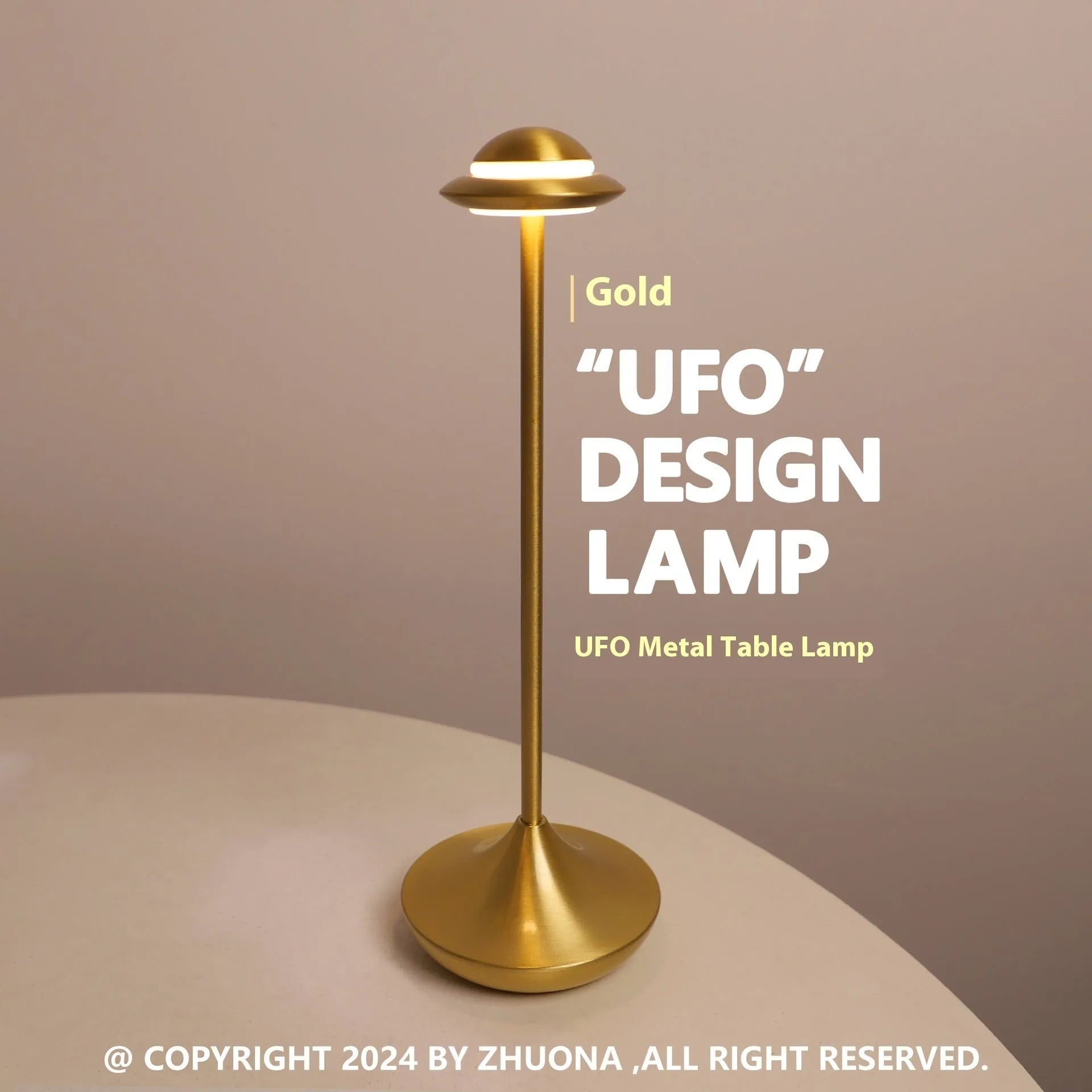 Gold UFO-shaped rechargeable table lamp with touch dimming controls on metallic surface