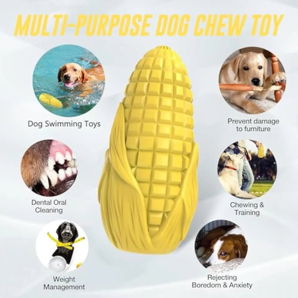 Blue and yellow corn stick dog chew toy with bacon scent and squeaker for aggressive chewers