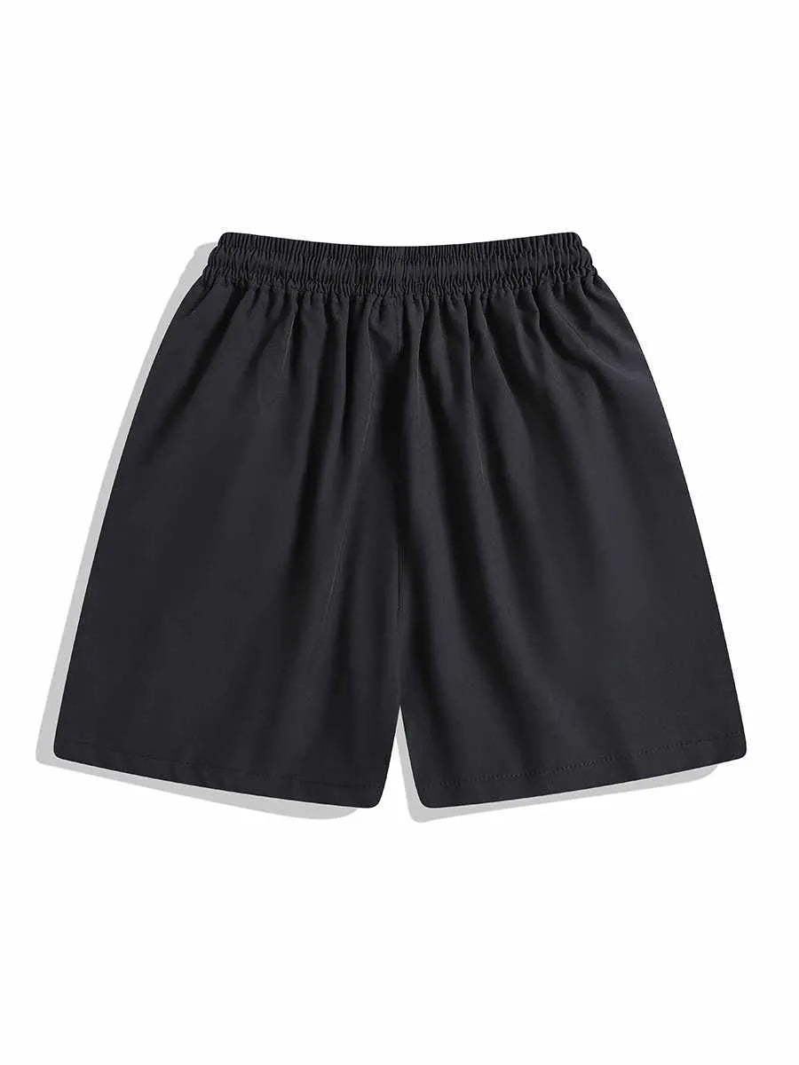 Quick-drying black and grey sports shorts with elastic waistband and straight-leg fit