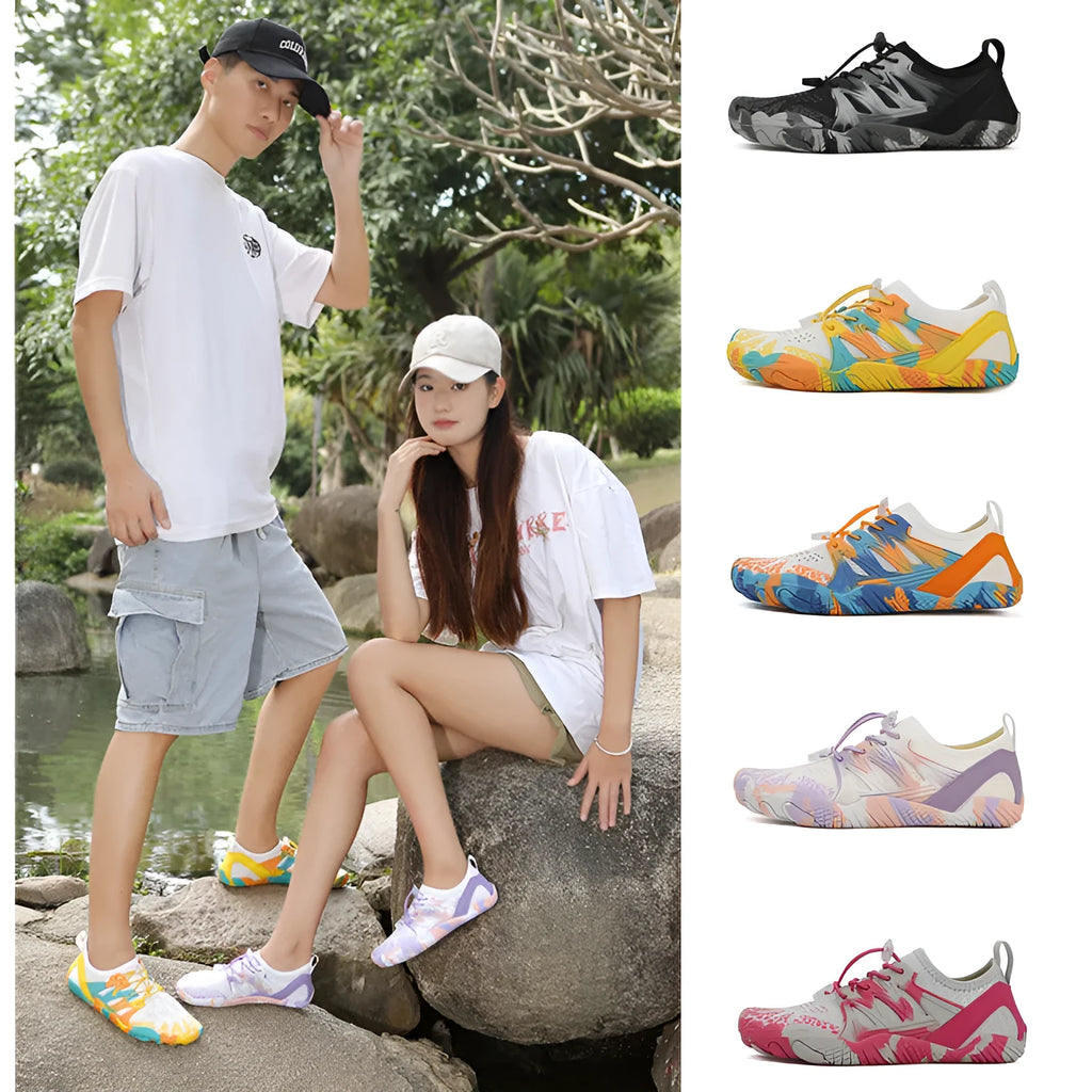 Men's and women's quick-drying mesh beach shoes in various colours with lace-up front and textured rubber sole.