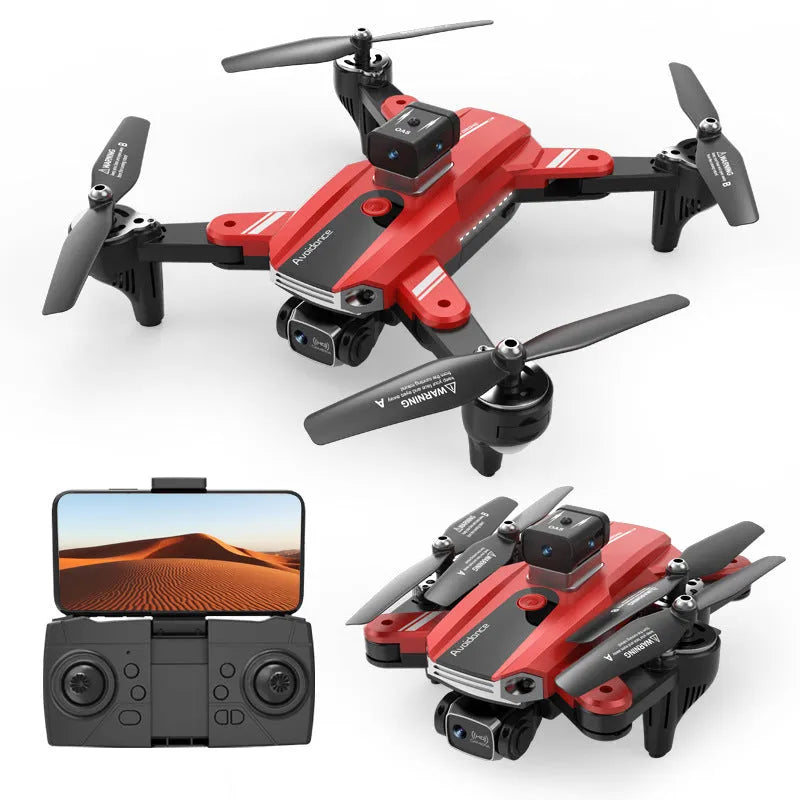 Orange and black quadcopter drone with dual cameras and propeller guards, shown on a white background