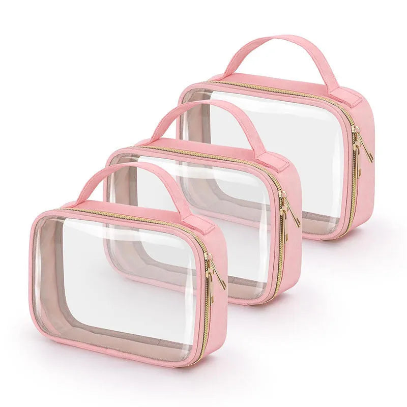 Transparent PVC wash bag showing cosmetics inside with chain handle