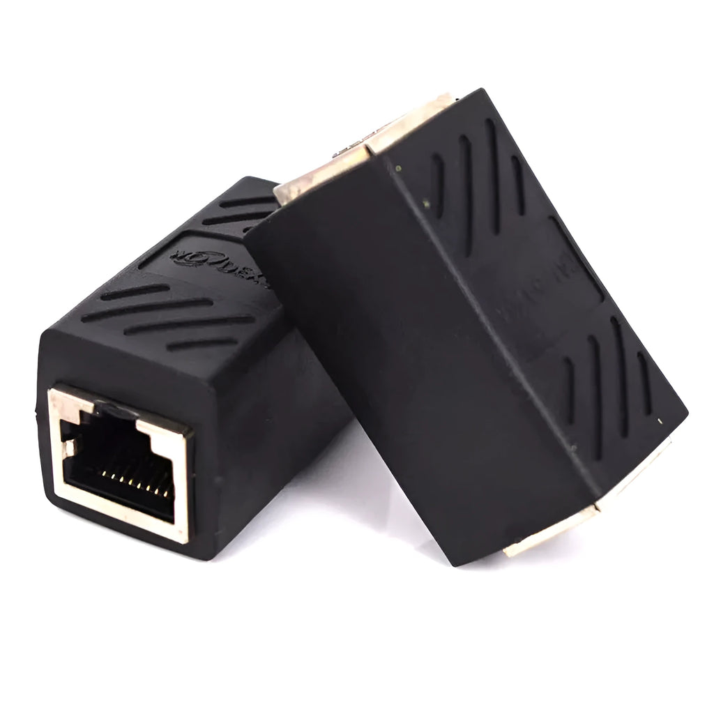 Black RJ45 network cable extender adapter with gold-plated contacts for joining Ethernet cables