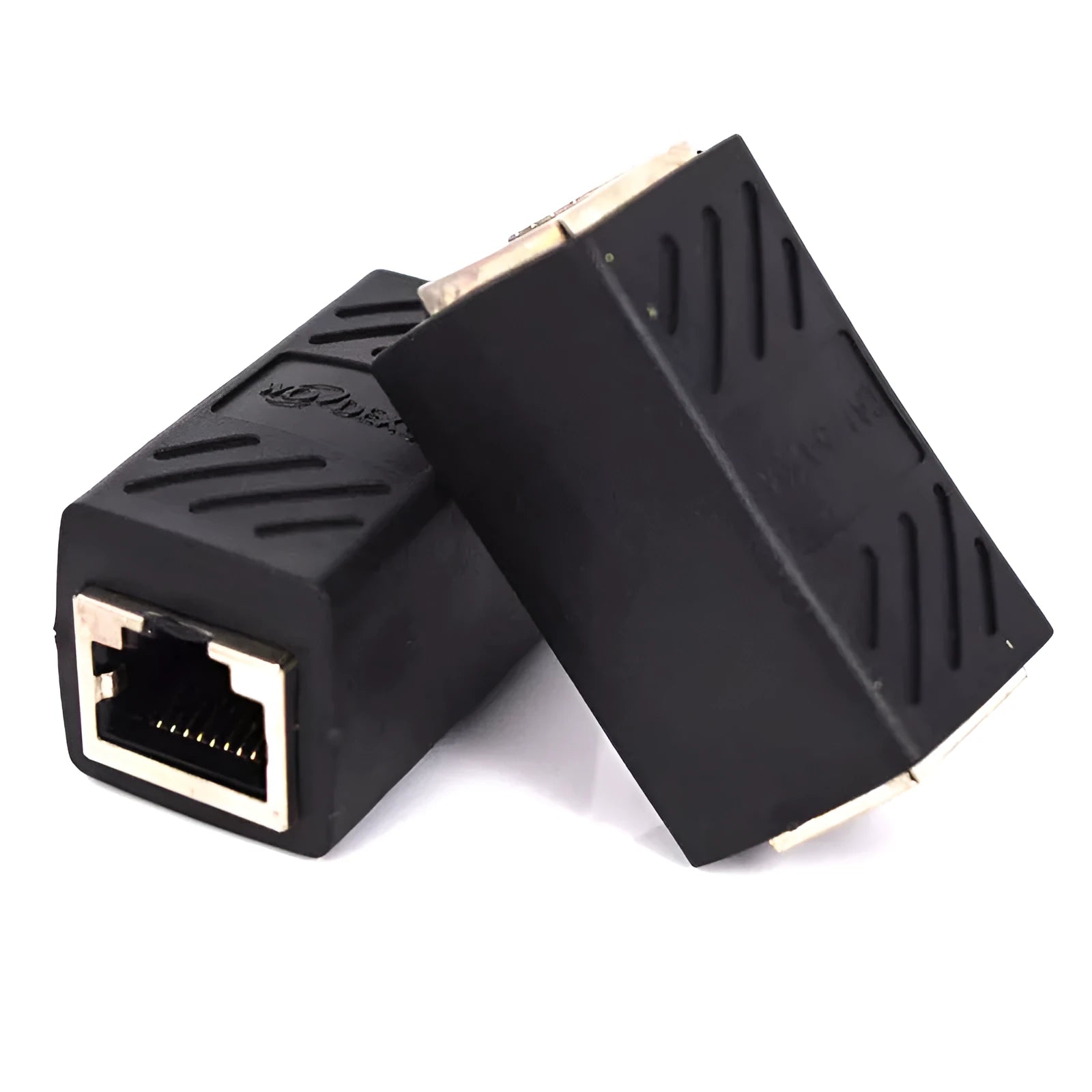 Black RJ45 network cable extender adapter with gold-plated contacts for joining Ethernet cables