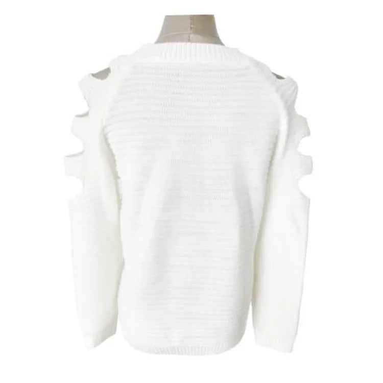 Women's white knitted pullover shirt with a crocheted hollow-out pattern and round neck.