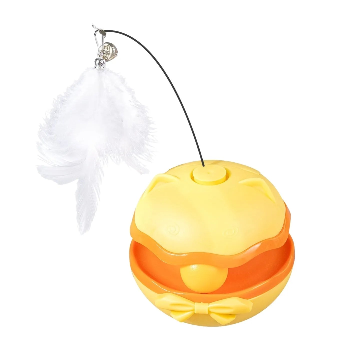 Electric cat toy tumbler in lemon yellow, sky blue, or soft fog grey showing self-moving plastic design