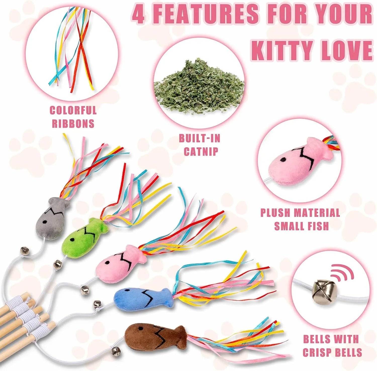 Colourful cat wand toy with ribbons, catnip fish, and bell on a wooden handle.