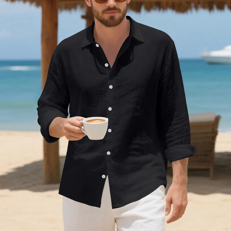 Linen American-style casual shirt in loose fit with non-ironing process