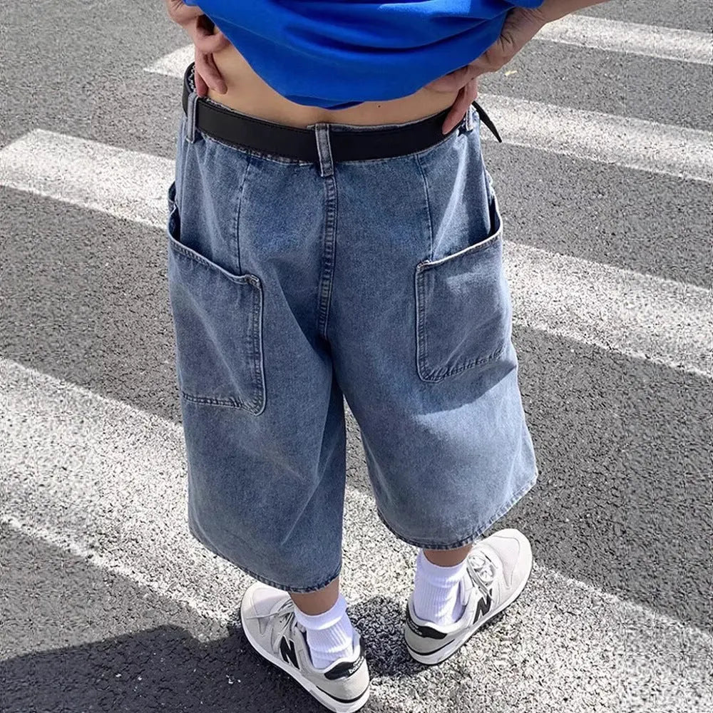 Men's washed blue denim cropped shorts with high waist and straight leg design