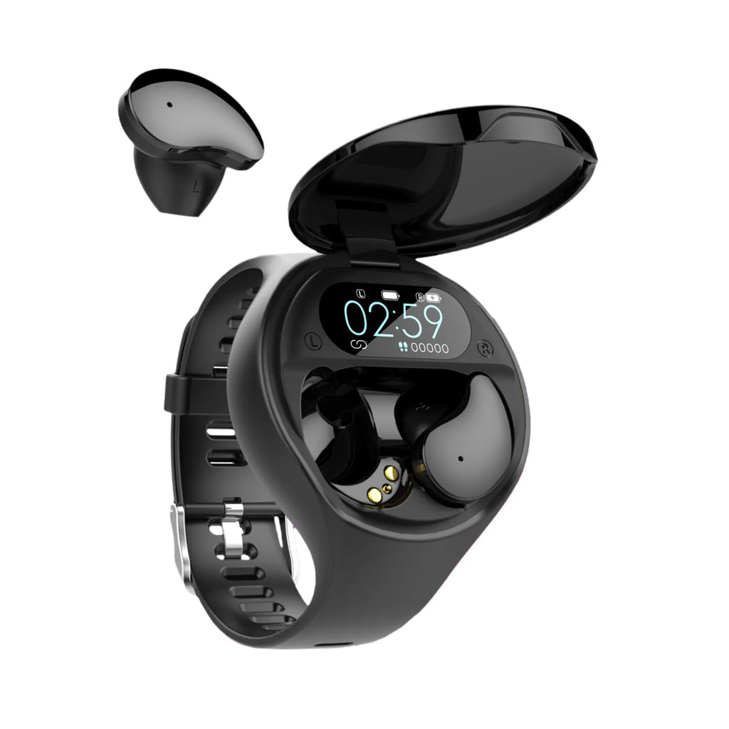 Black detachable smart bracelet and Bluetooth headset combo on a wrist, showing colour screen.