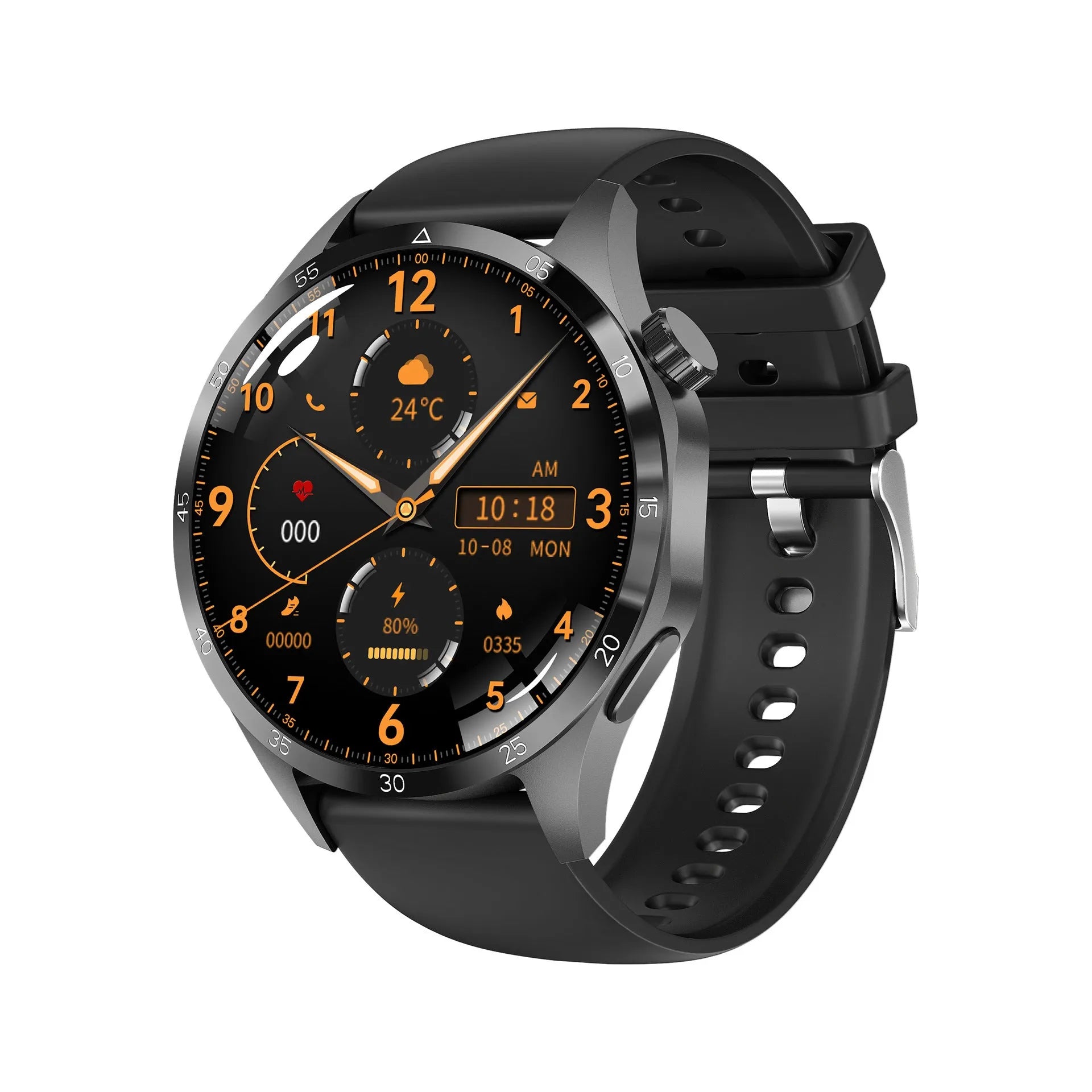 Black smartwatch with Bluetooth calling and health monitoring features on a silicone strap