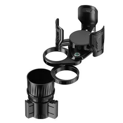 Black adjustable car cup holder with retractable base extended, showing carbon fibre pattern.
