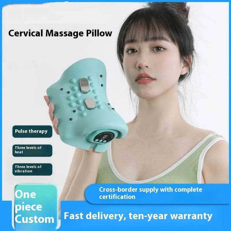 Blue-green portable EMS shoulder and neck massage pillow showing compact size