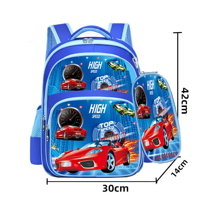 Blue cartoon anime print children's school backpack with pencil case