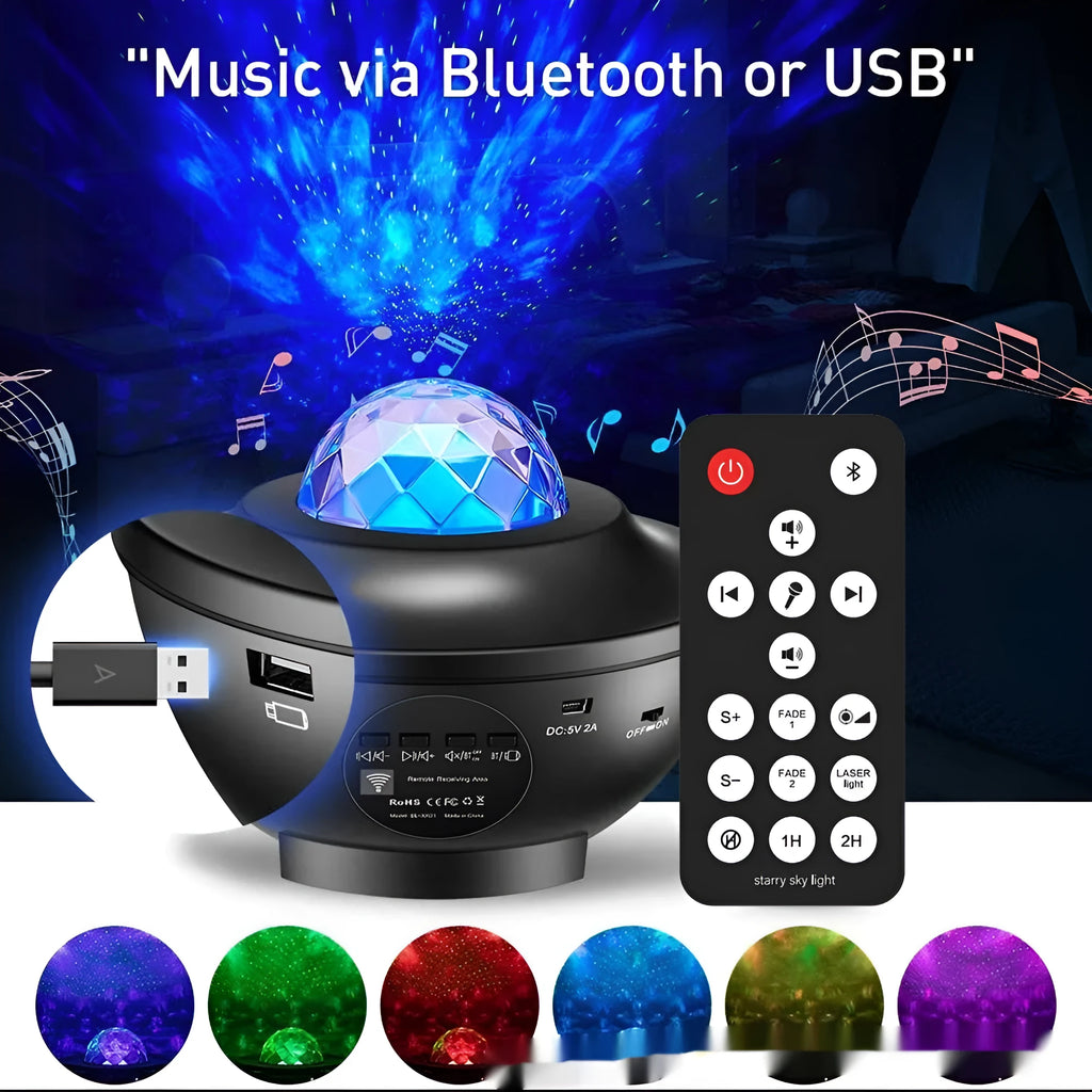 Black parallel style starry sky projection lamp with water ripple laser effects on a desktop.