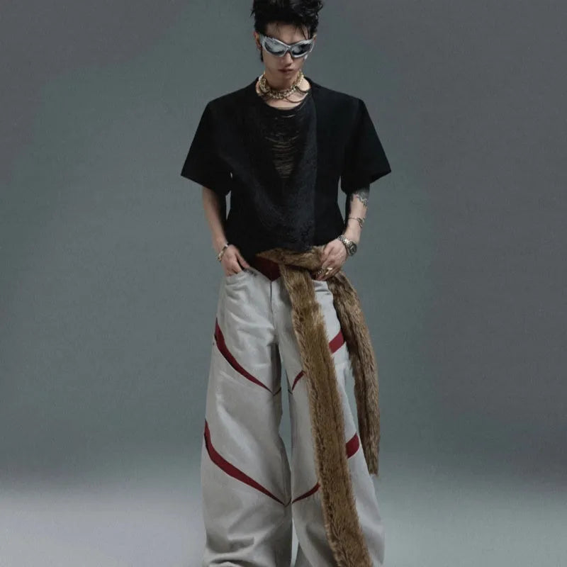 Men's drum black hollow out V-neck t-shirt with short sleeves and tassel detailing