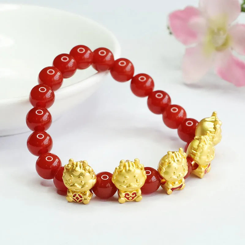 Natural red agate Chinese style bracelet with five blessing dragon design.