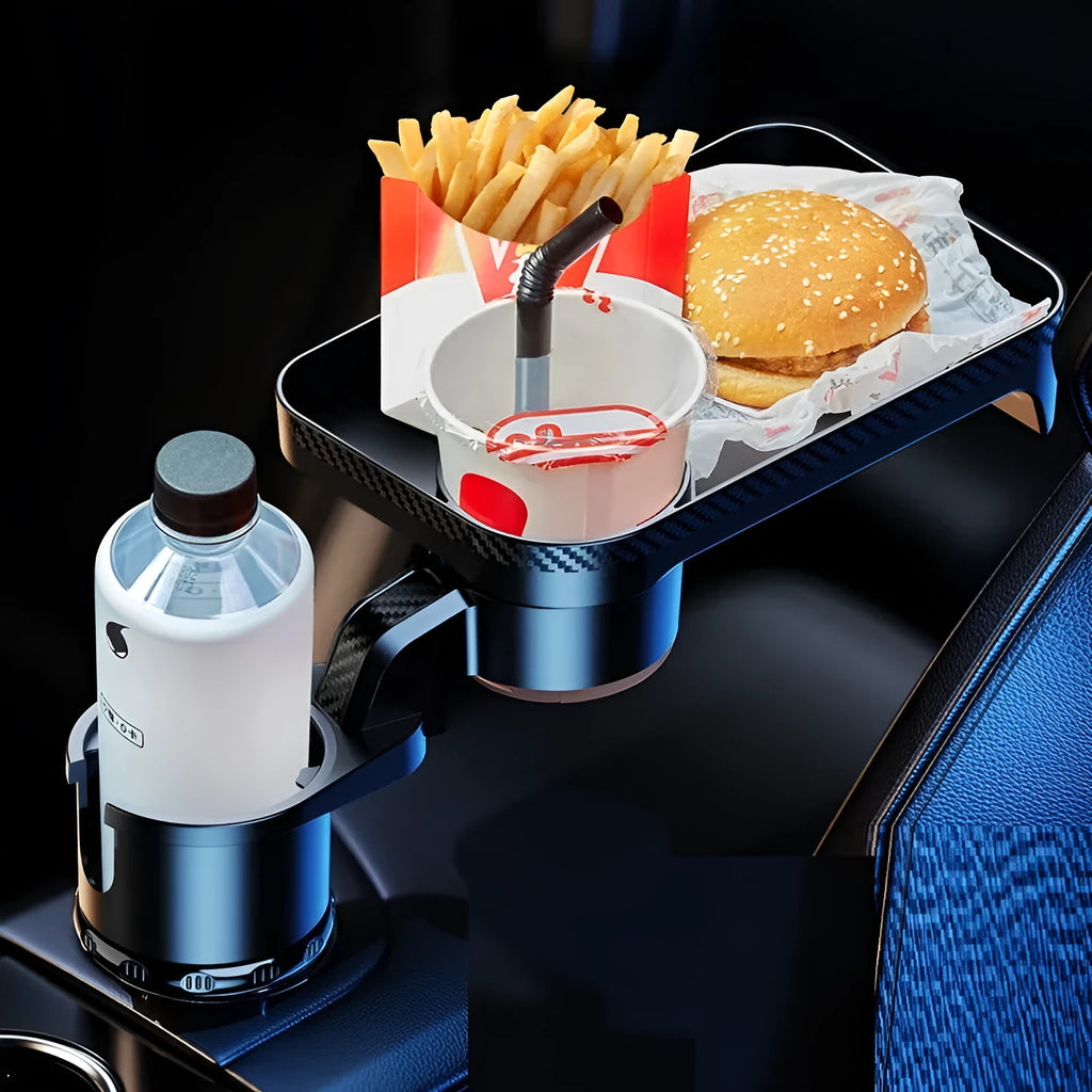 Black ABS rotating car tray holder showing cup holder and dinner plate attachment mounted in vehicle