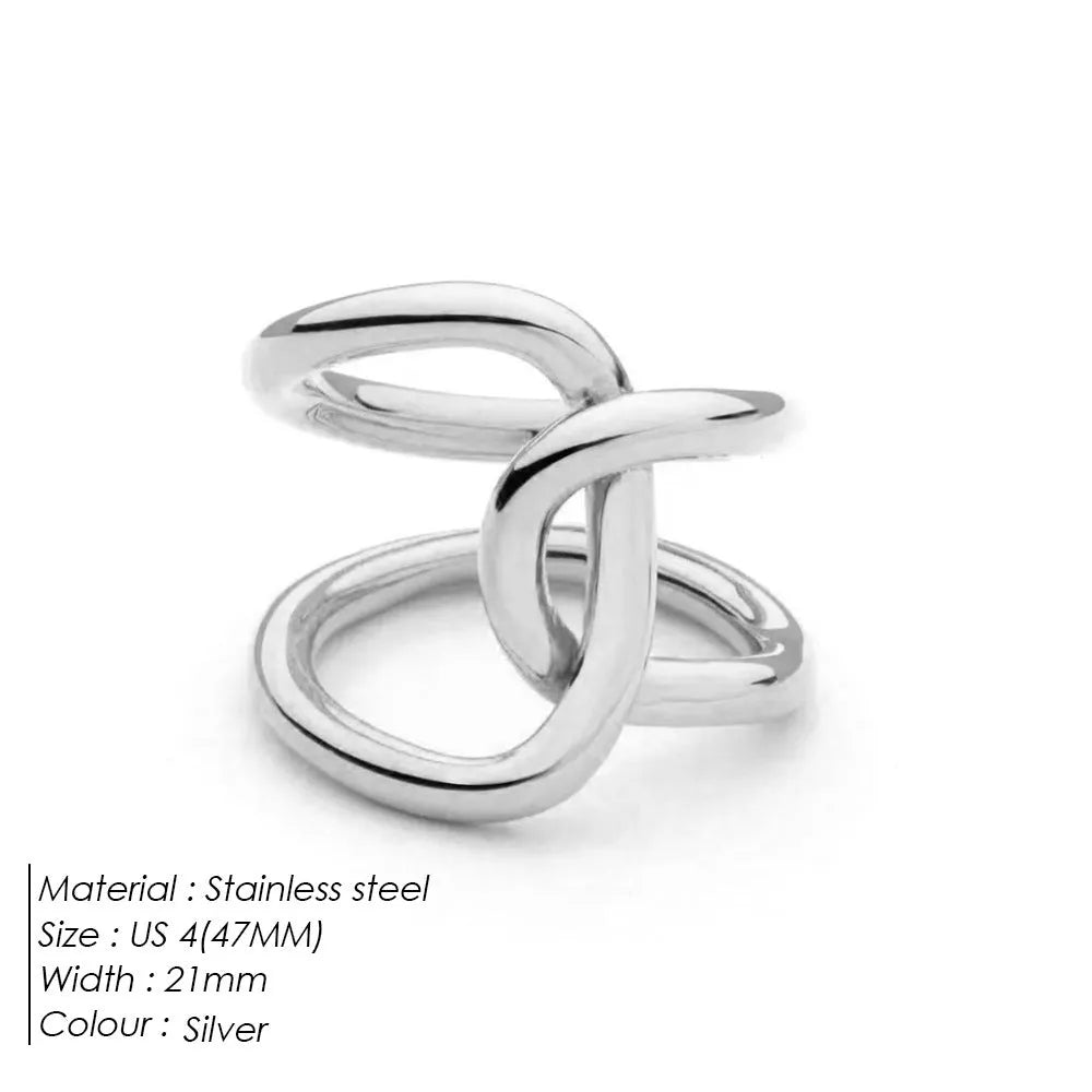 Geometric knotted open ring in stainless steel showing U-shape design and adjustable sizing