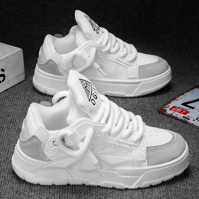 Men's white chunky sneakers with thick rubber sole and totem pattern detail on synthetic leather upper