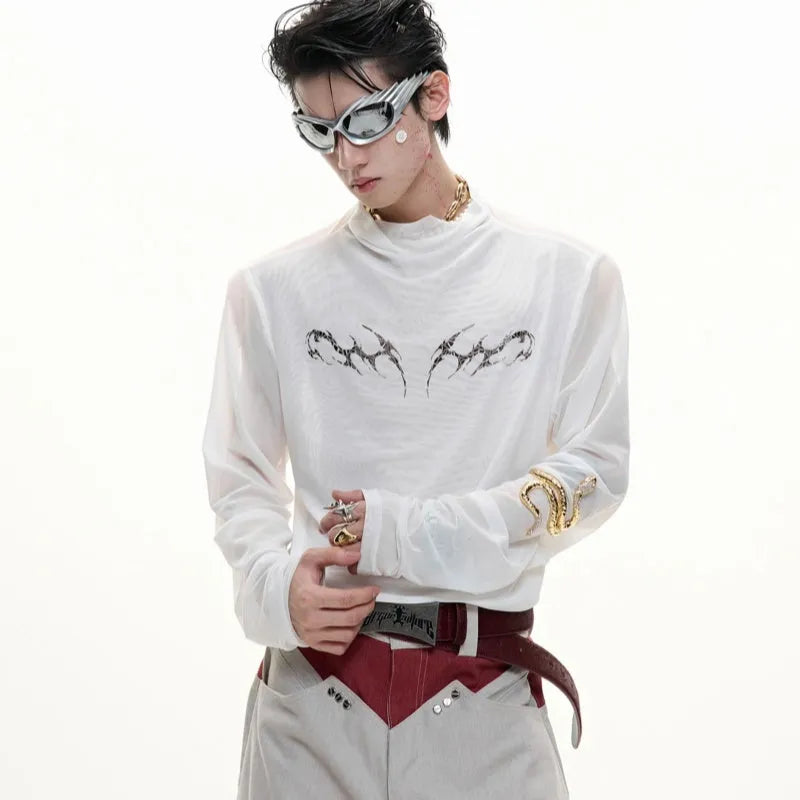 Niche mesh slim fit long sleeve shirt in black and white on a mannequin