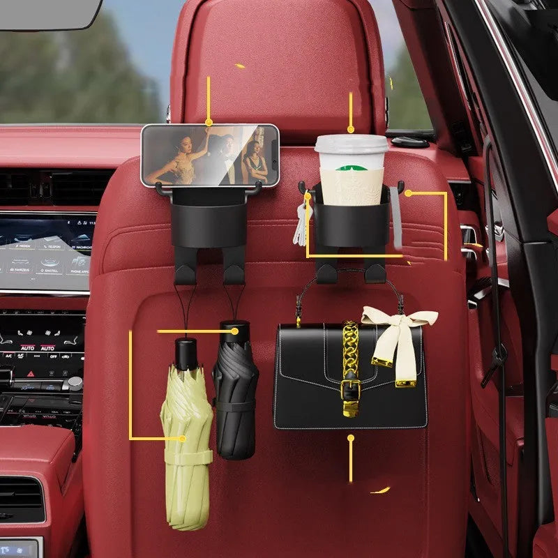 Black plastic car seat back hook with built-in cup holder for vehicle organisation