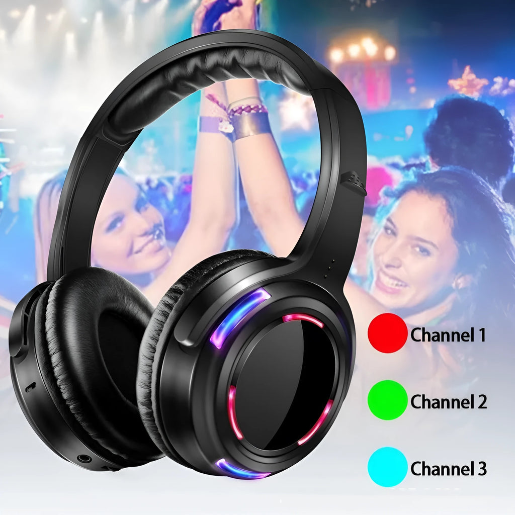 Black silent disco wireless headphones with 40mm drivers and built-in rechargeable battery for group party activities