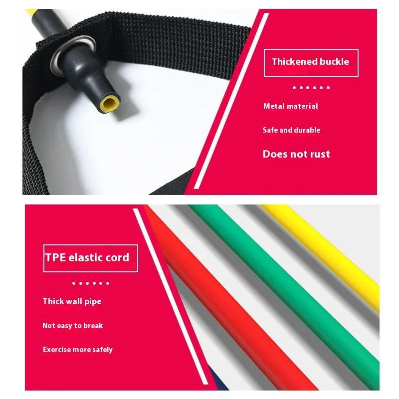 TPE chest expander exercise equipment with adjustable tension rope in yellow, green, red, blue, and black resistance options