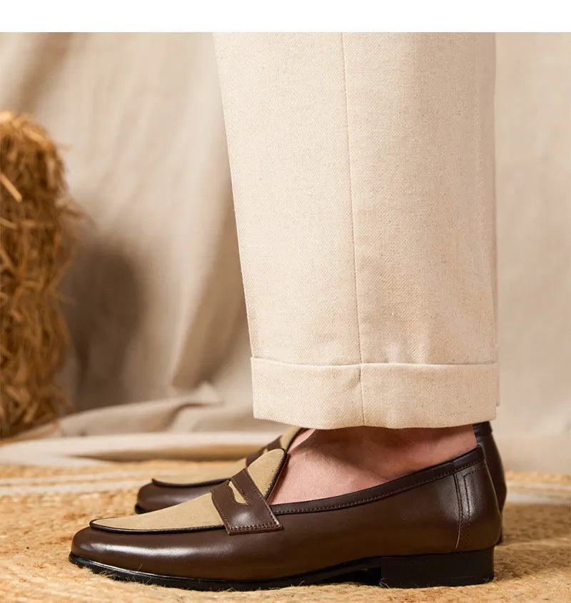 Men's coffee grey suede leather Belgium loafers with a slip-on design and rubber sole.