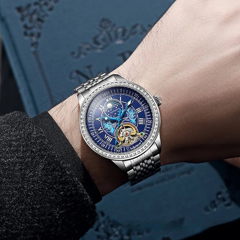 Men's waterproof mechanical watch with stainless steel case and multiple colour strap options