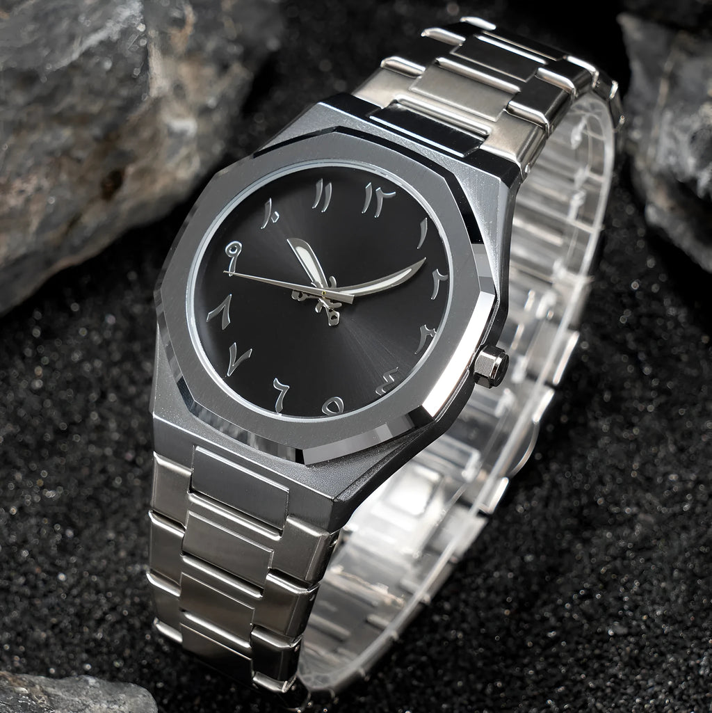 Men's business casual quartz watch with stainless steel band showing 10mm thickness