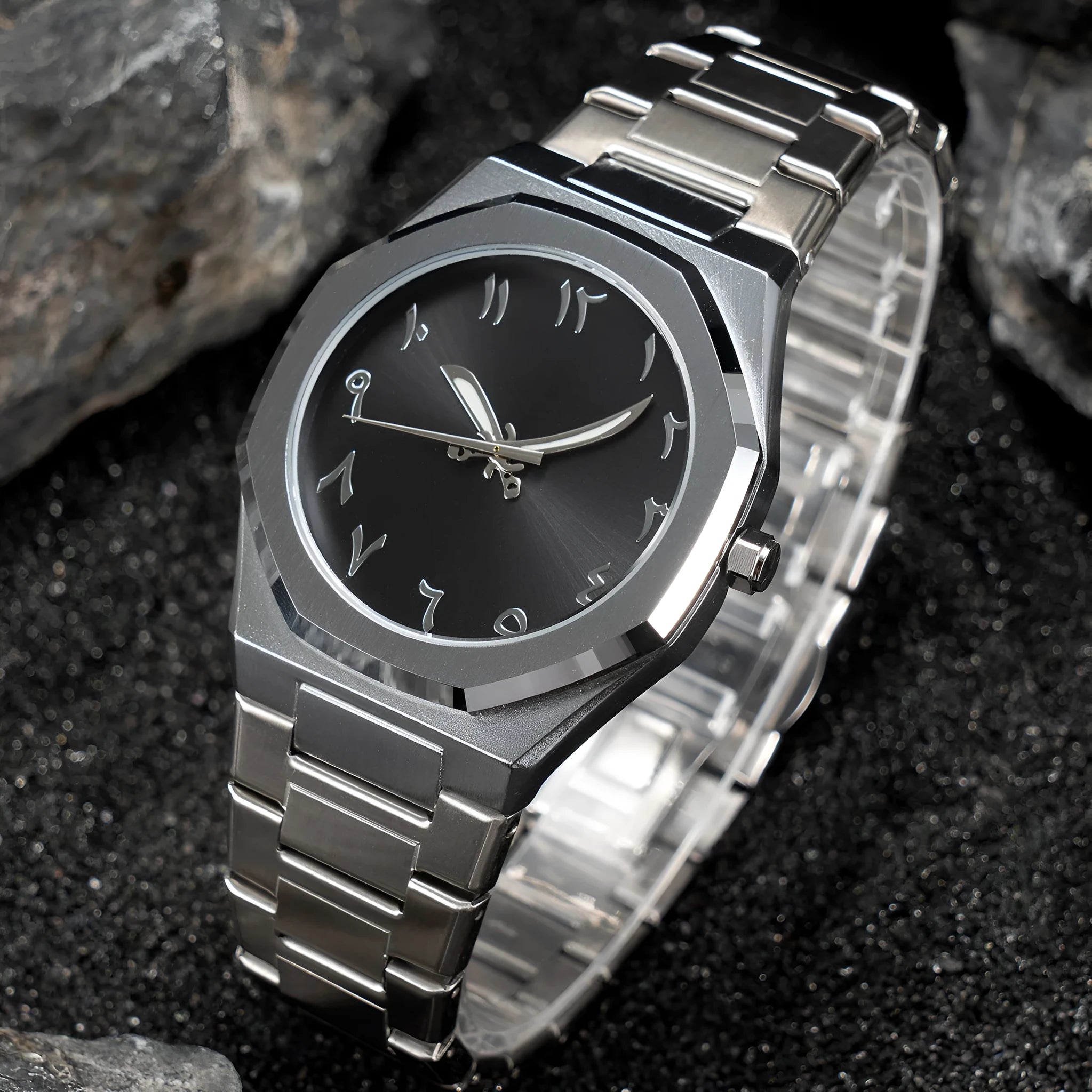 Men's business casual quartz watch with stainless steel band showing 10mm thickness