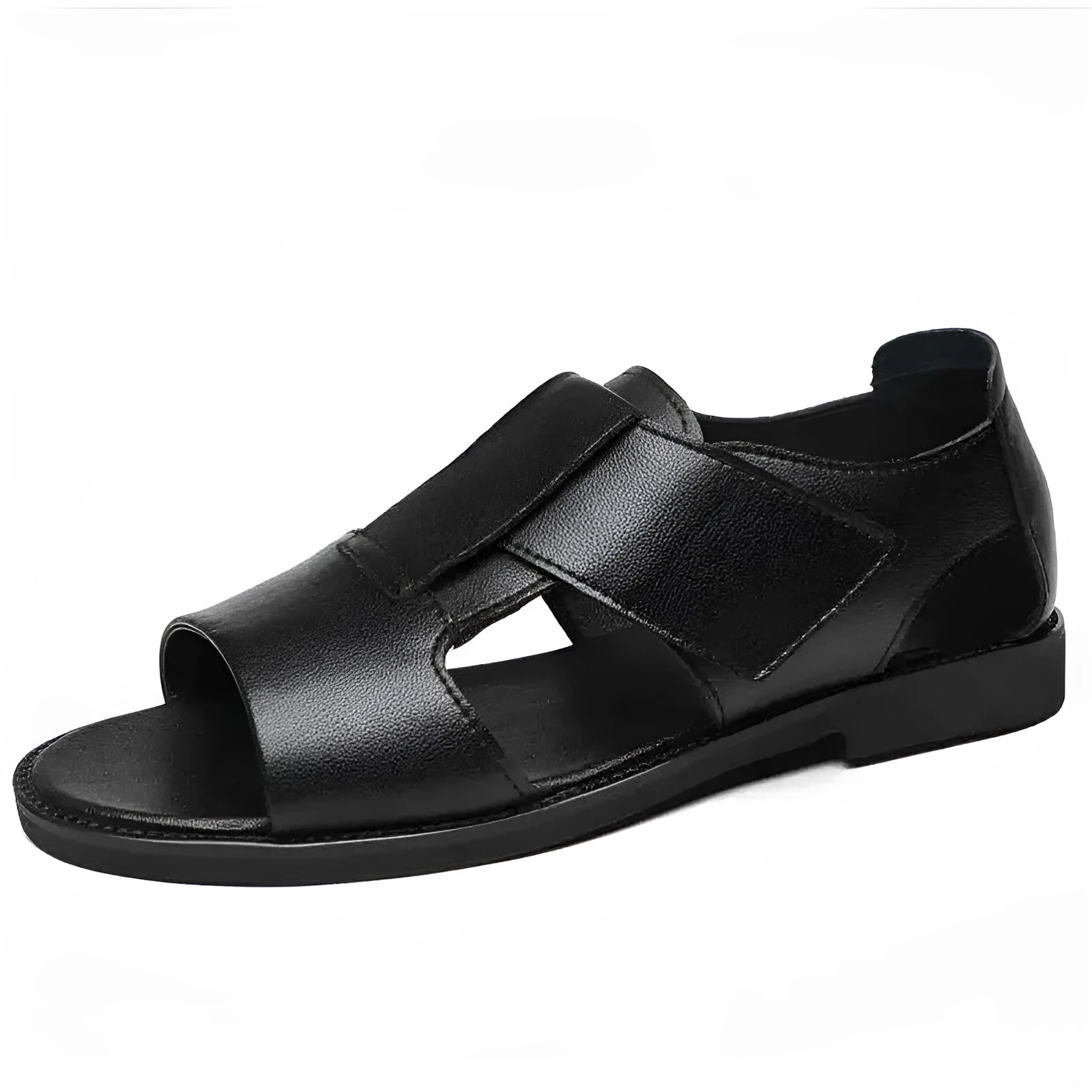 Men's black and brown Roman-style casual sandals with open-toe design and rubber soles