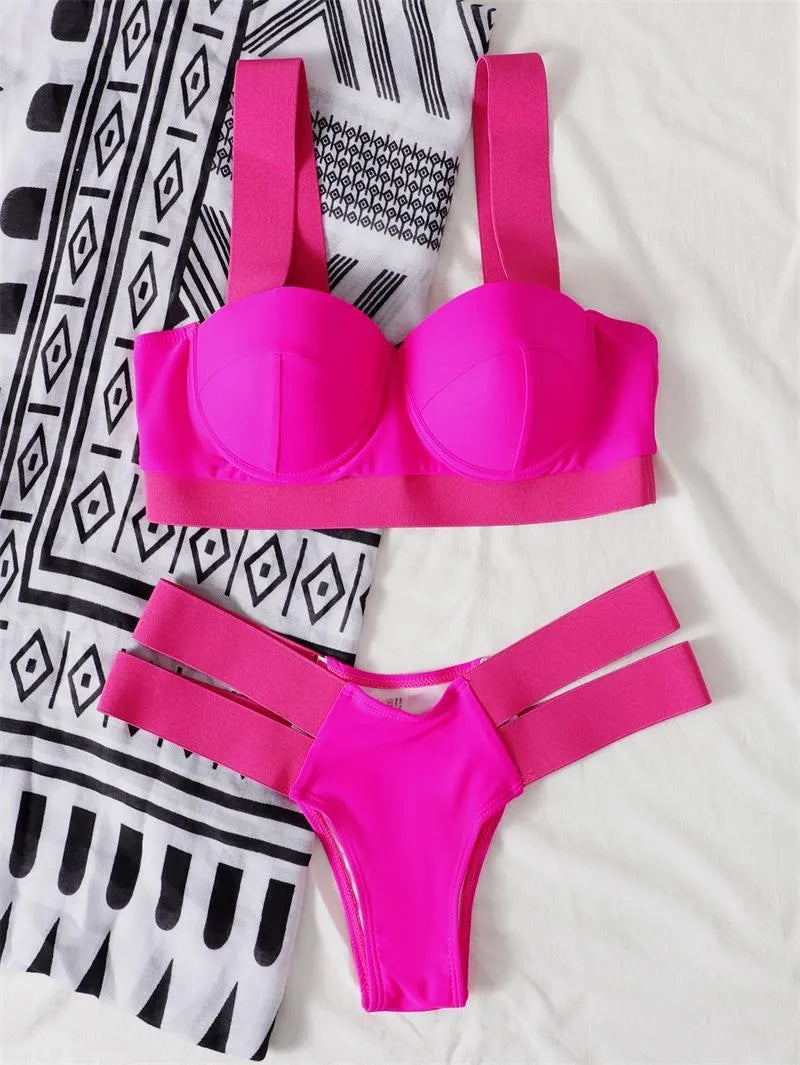 Women's steel bracket push-up bikini swimsuit in contrast colours including rose red and peacock blue