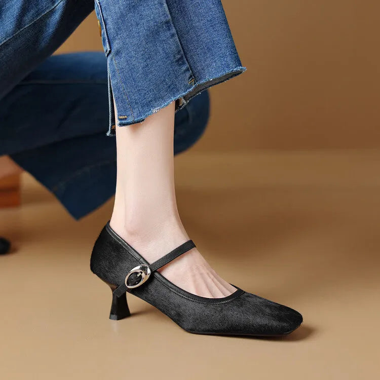 Women's black retro high heels with horse hair upper, square toe, stiletto heel, and an ankle strap buckle.