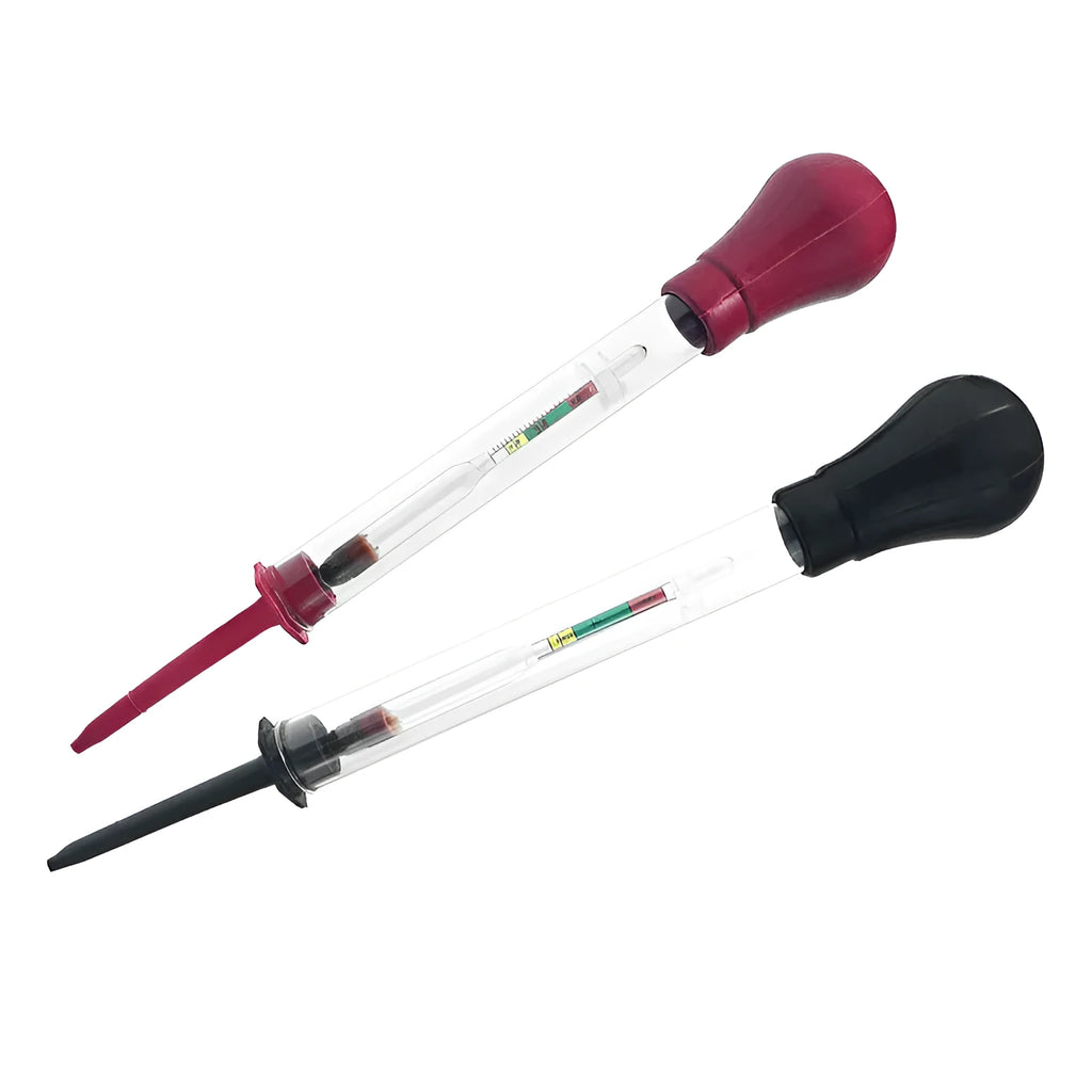 Electrohydraulic battery hydrometer with glass construction and suction mechanism for electrolyte testing