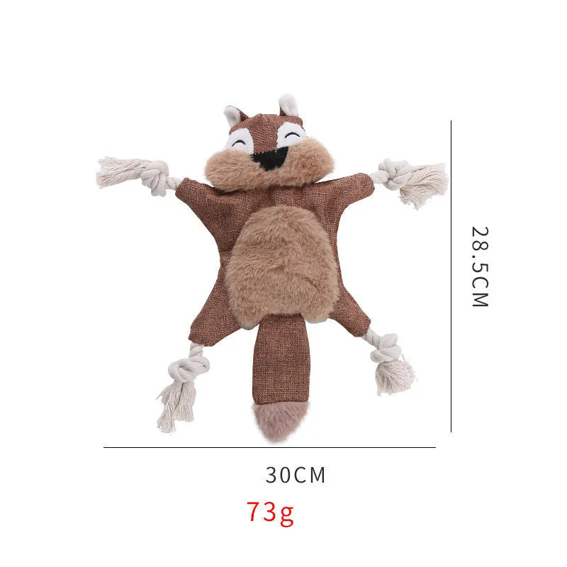 Brown fox plush dog toy with rope arms and legs, embroidered eyes, and a squeaker.