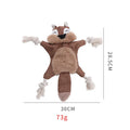 Brown fox plush dog toy with rope arms and legs, embroidered eyes, and a squeaker.